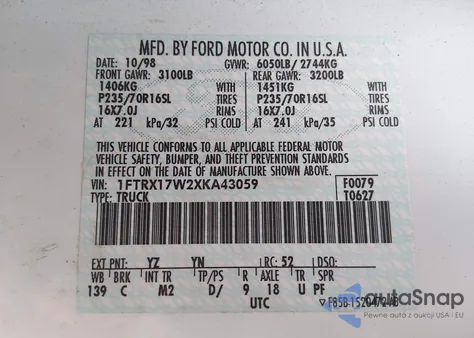 1999 Ford F-150 Lariat/Work Series/Xl/Xlt z USA, uszkodzony, nr VIN 1FTRX17W2XKA43059